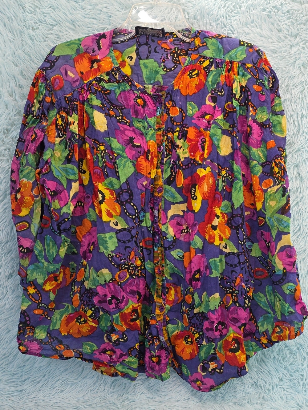 VTG 80s 90s Vibrant Floral Blouse Button Up Purple Red Orange Colorful